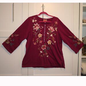 Johnny Was Fuchsia Floral Embroidered 3/4 Sleeves Blouse Size XL